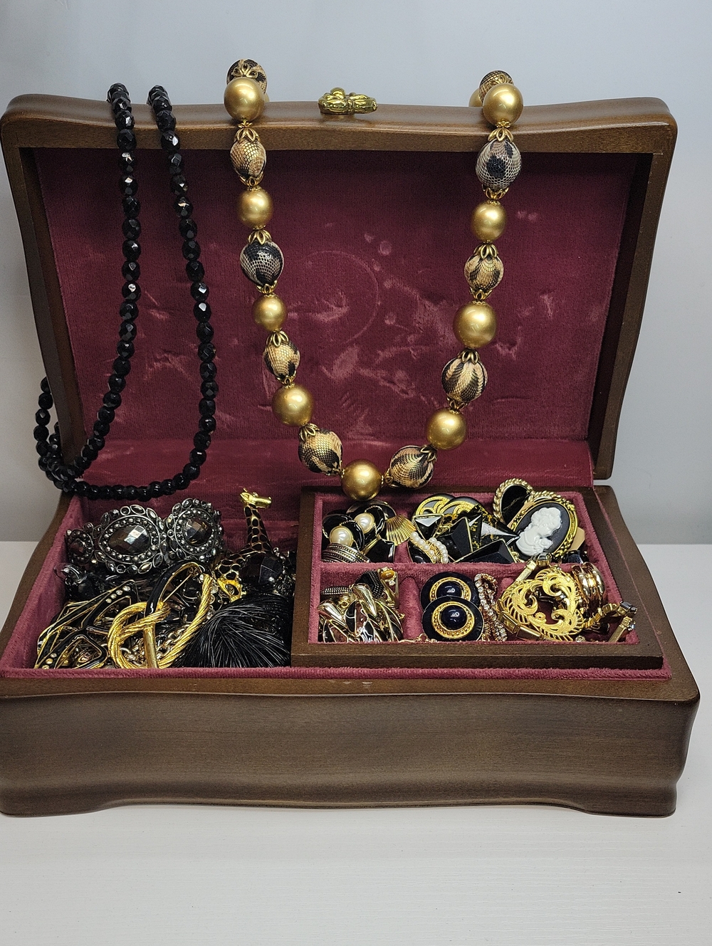 Wooden Jewelry Box Filled With Gold & Black Tone Jewelry